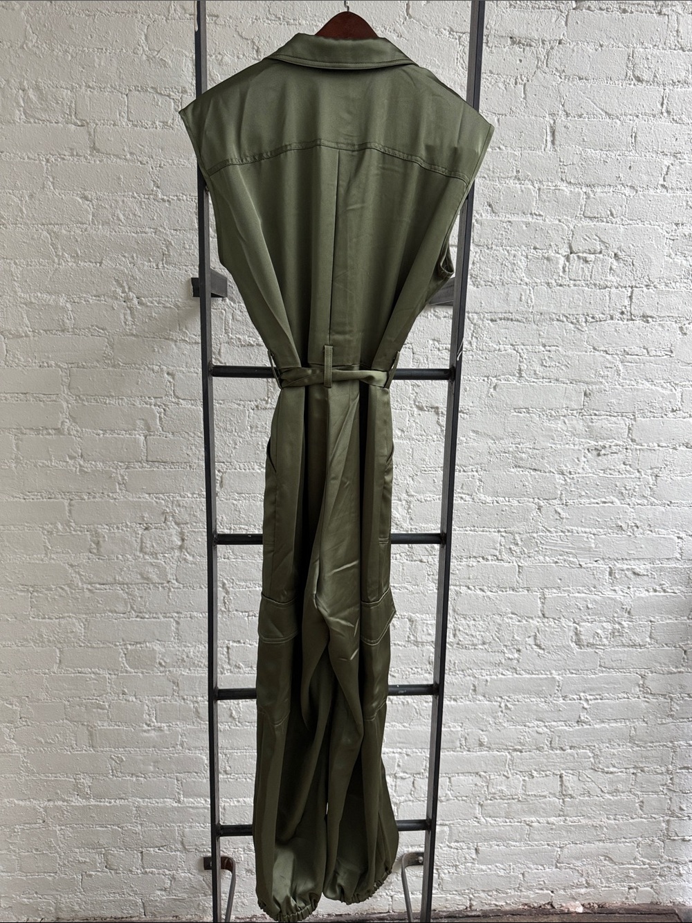 Rachel Zoe Olive Green Satin Utility Jumpsuit with Tie Waist - Picture 6 of 6